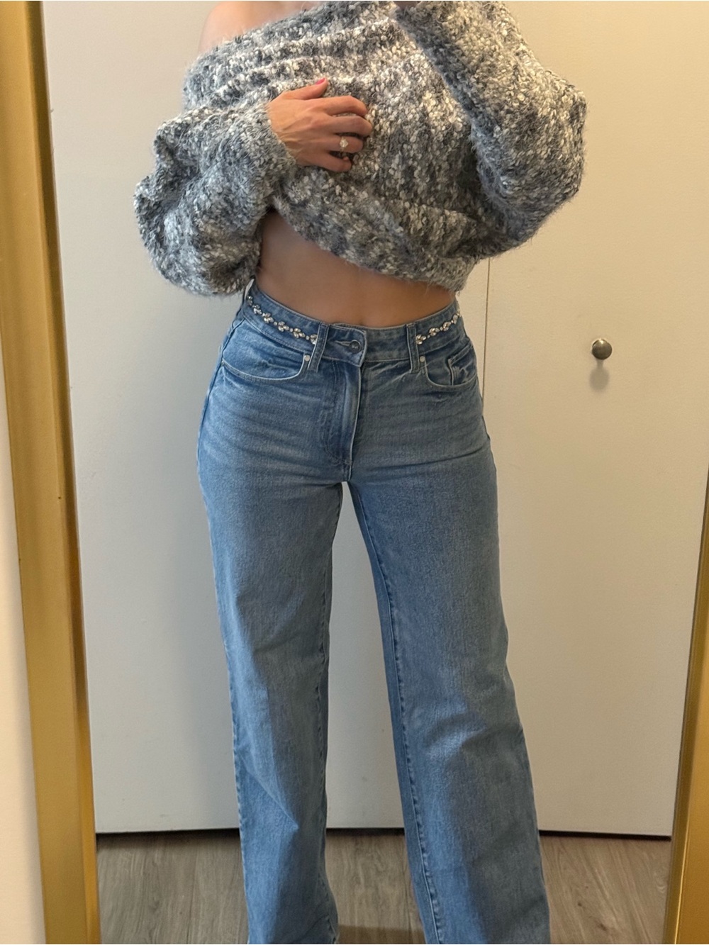 PAIGE Light Blue High-Rise Wide-Leg Jeans with Embellished Waist